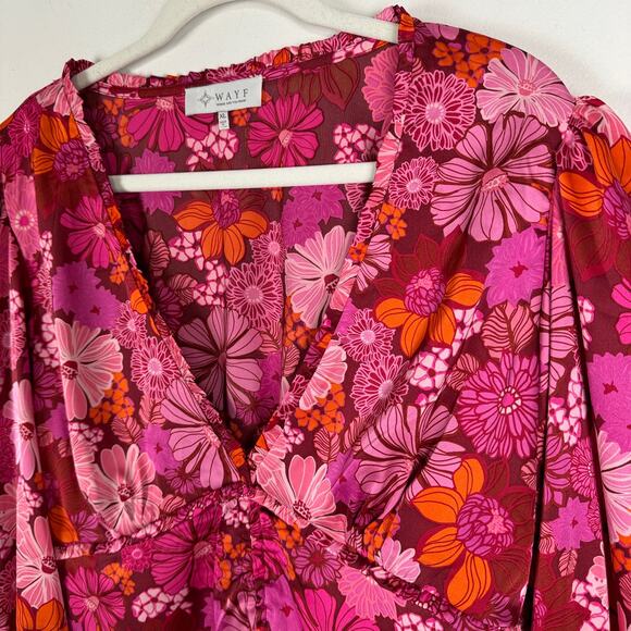 WAYF Loral Print Ruched Plunge Neck Satin Blouse Pink Berry Floral Long Sleeve - Picture 8 of 13